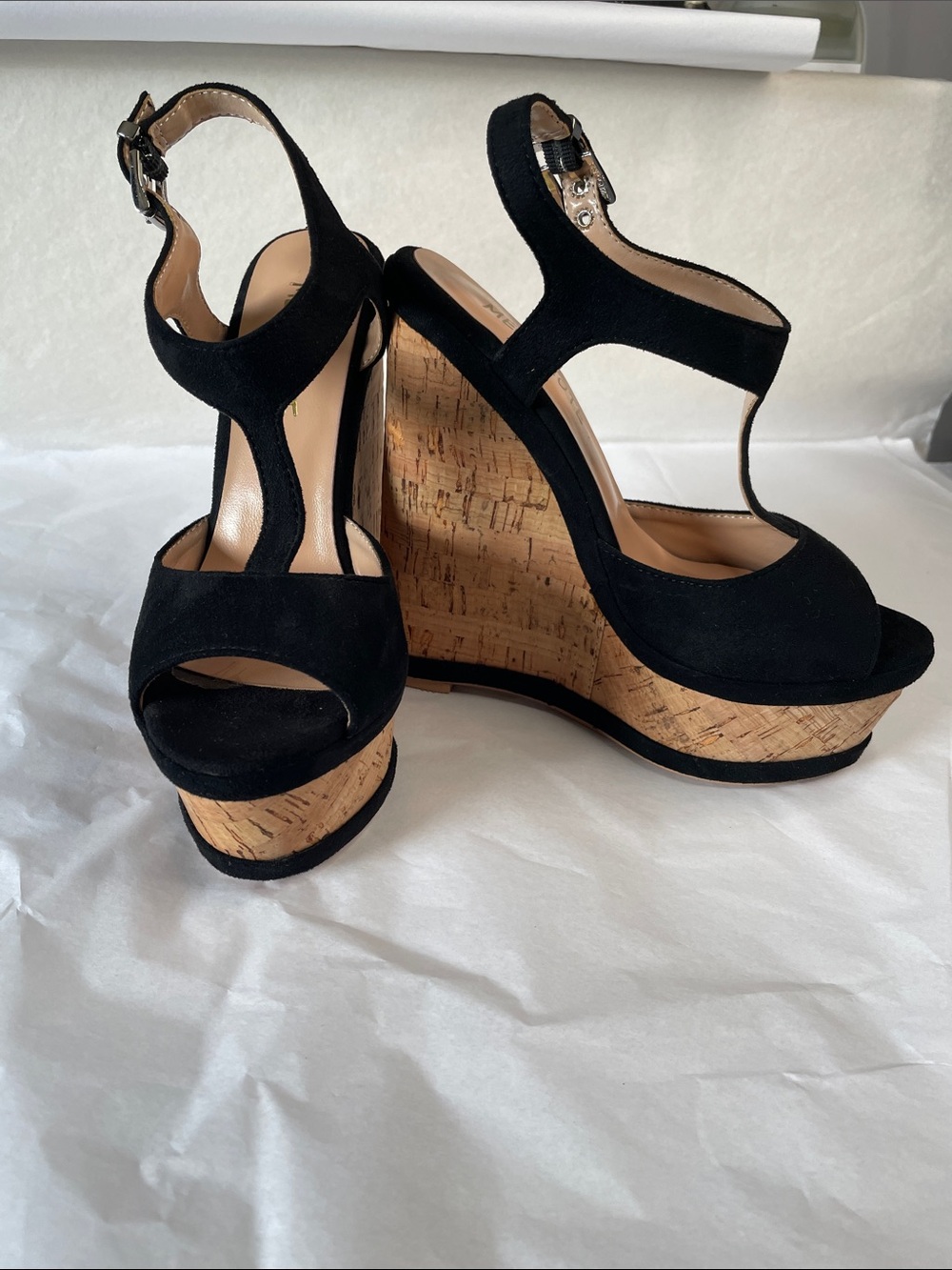 Black Suede Cork Platform Wedge Sandals‎ with T-Strap Ankle Buckle